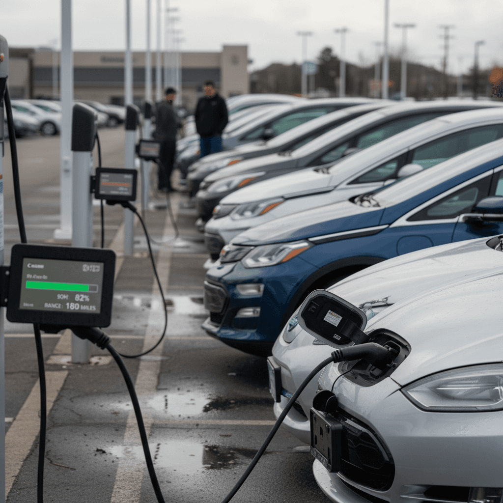 Used Nissan Leaf parked in an outdoor lot, suitable as an affordable city EV