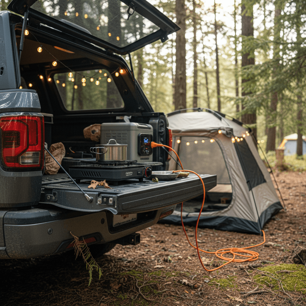 Electric pickup truck at a forest campsite using vehicle-to-load power to run string lights, a fridge, and an induction cooktop.