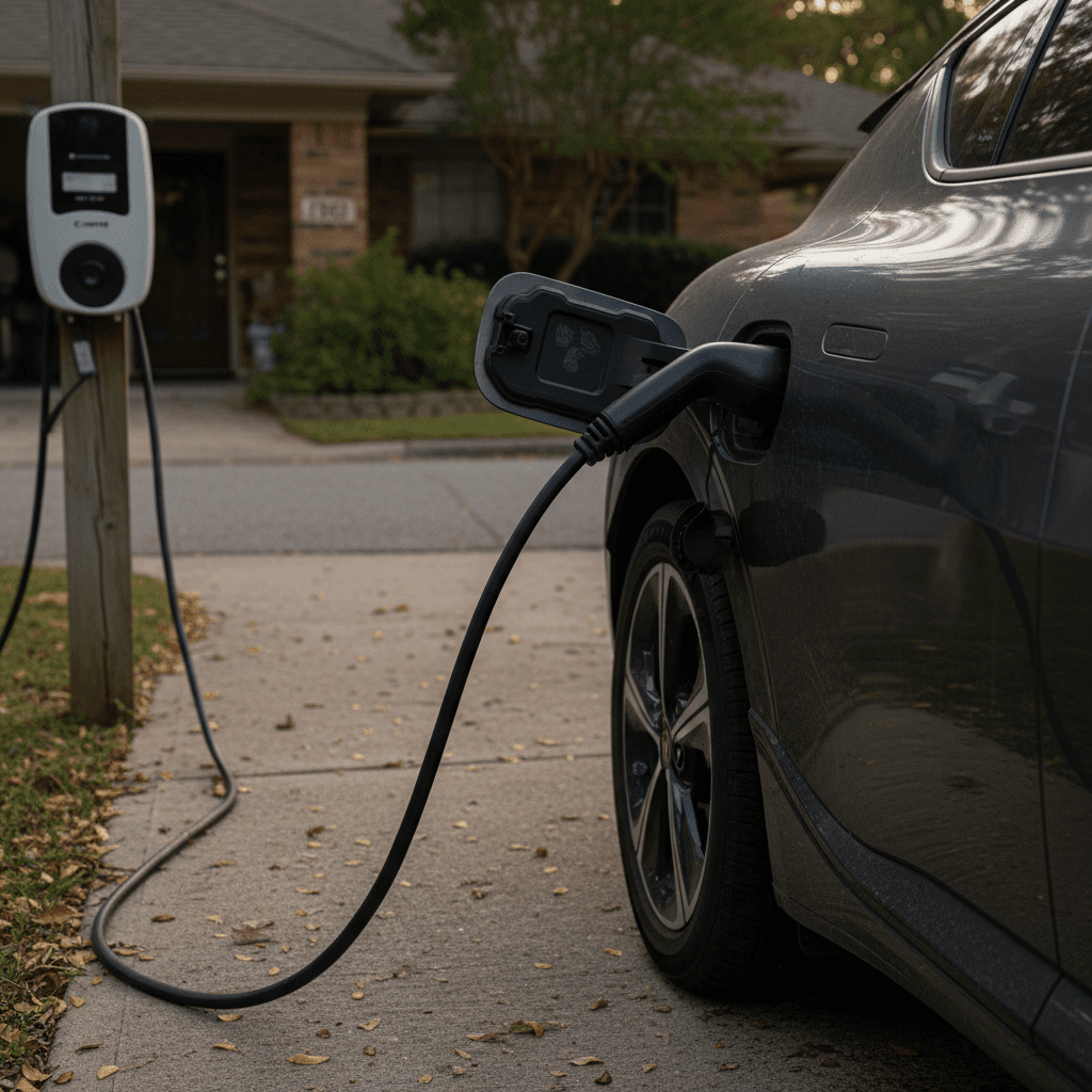 Used Kia EV6 charging on a home Level 2 station in a driveway, highlighting affordable ownership