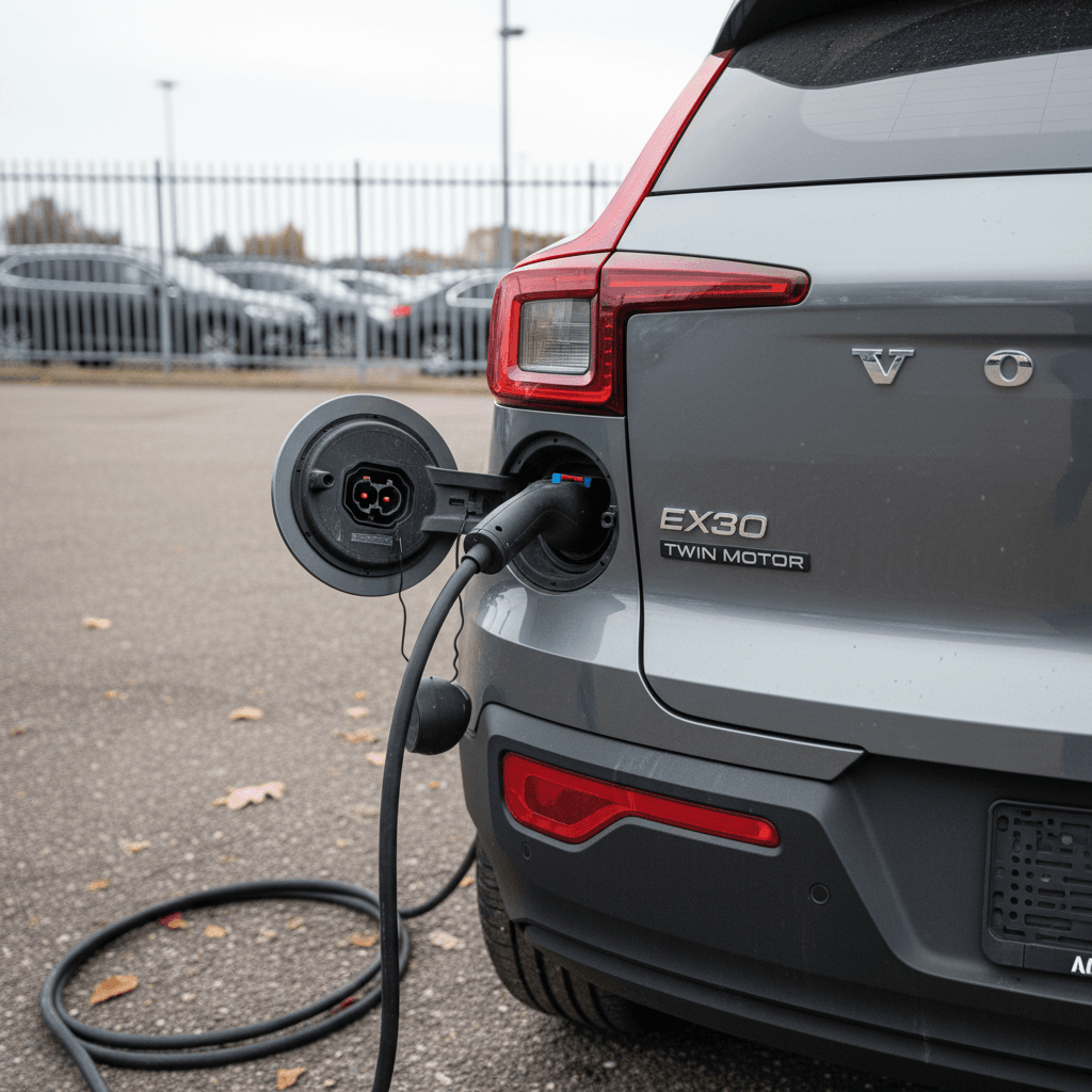 Used Volvo EX30 parked at a dealership with charging cable connected, ready for trade‑in evaluation