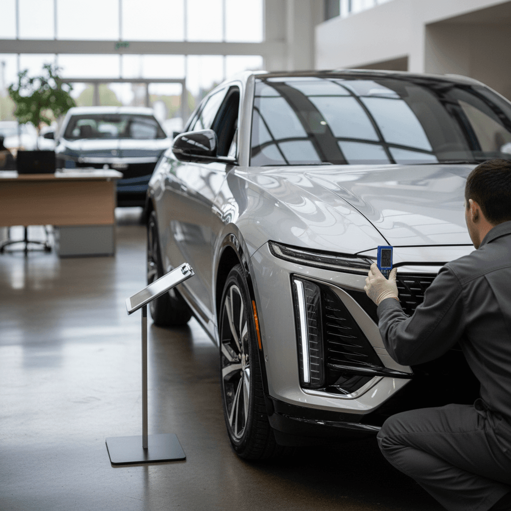 Technician using diagnostic tablet to check battery health on a used Cadillac Lyriq during trade in appraisal