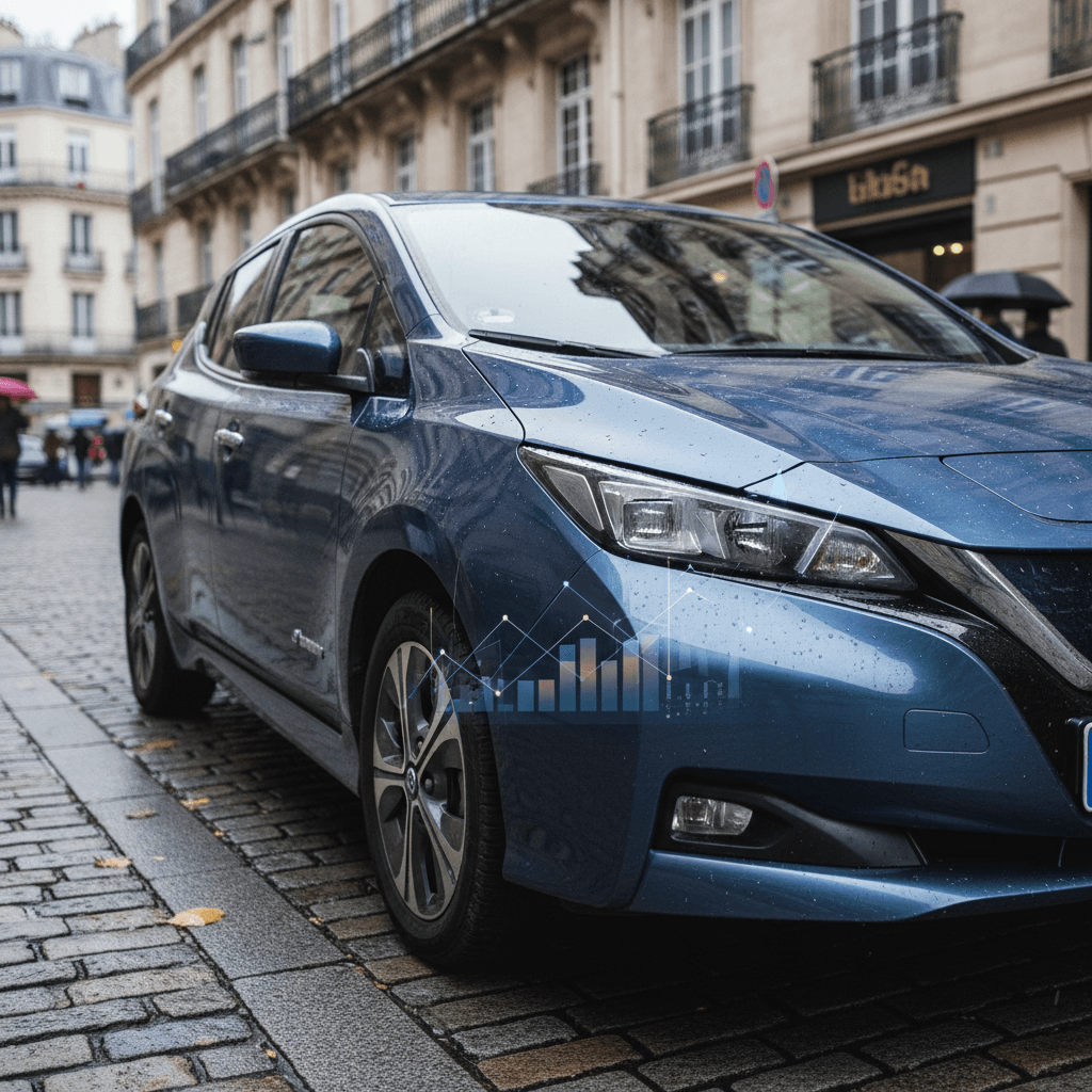 Nissan Leaf parked on a city street, representing typical 2026 EV insurance costs for everyday drivers