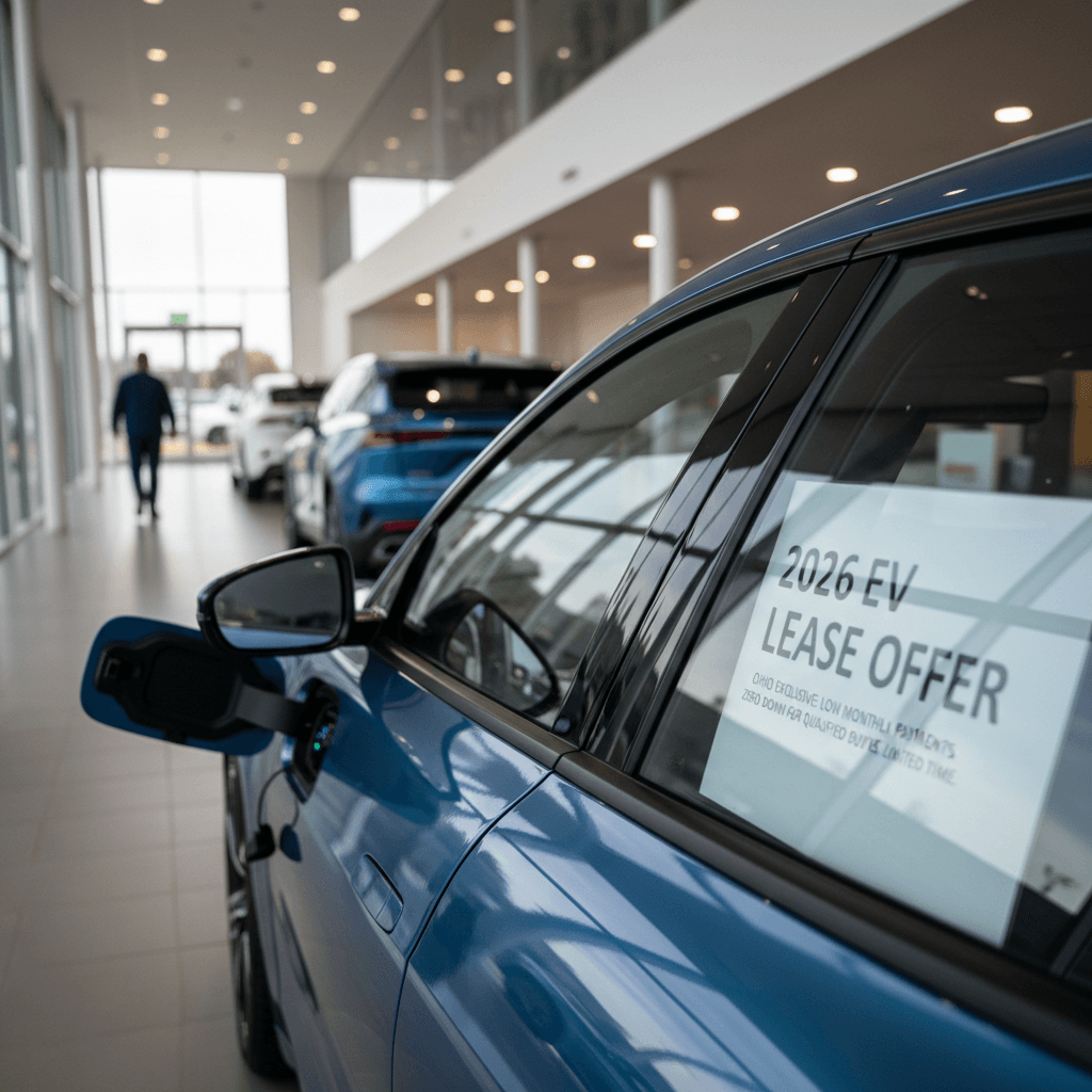 Electric SUV at an Ohio dealership with a lease offer sign in the windshield