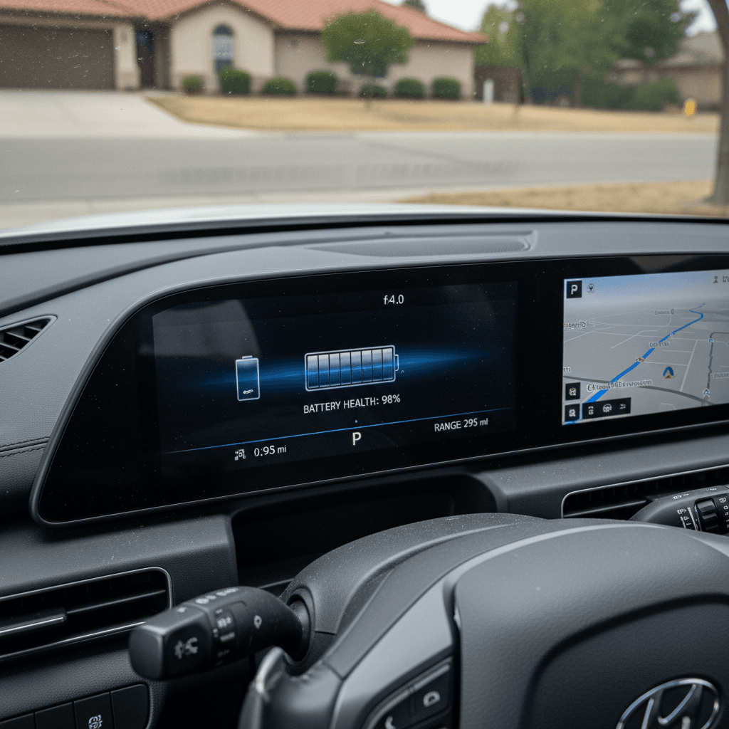 Digital dashboard of a Hyundai Ioniq 6 showing battery state of charge and estimated driving range
