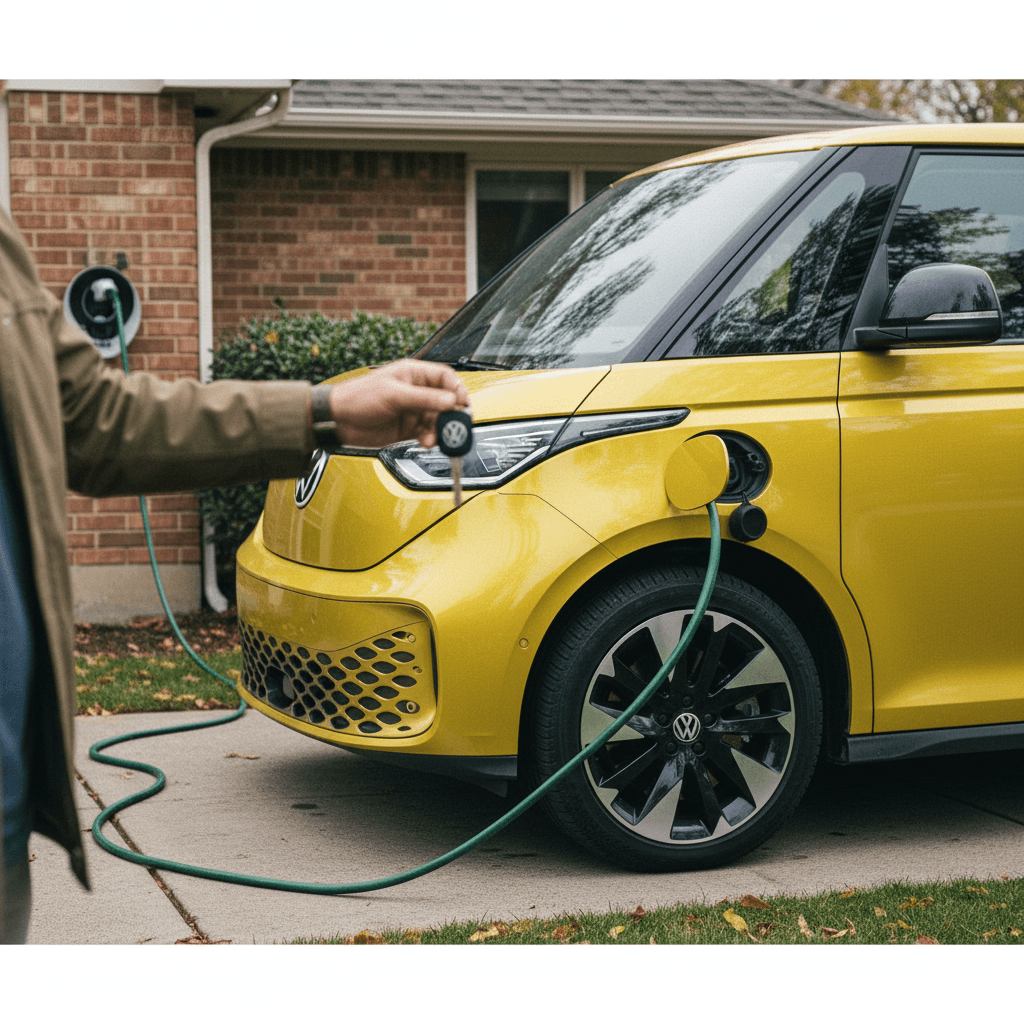 Current owner handing keys of a two-tone Volkswagen ID. Buzz to a new buyer in front of a home, with a home charger visible in the background