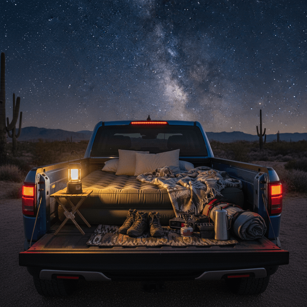 Rivian R1T truck bed set up with a low inflatable camping mattress, sleeping bags, and soft gear under the stars