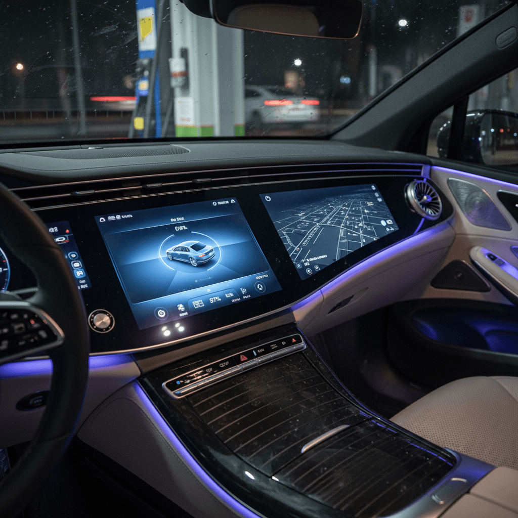 2025 Mercedes EQS interior showing Hyperscreen dashboard and ambient lighting while the car is plugged in and charging