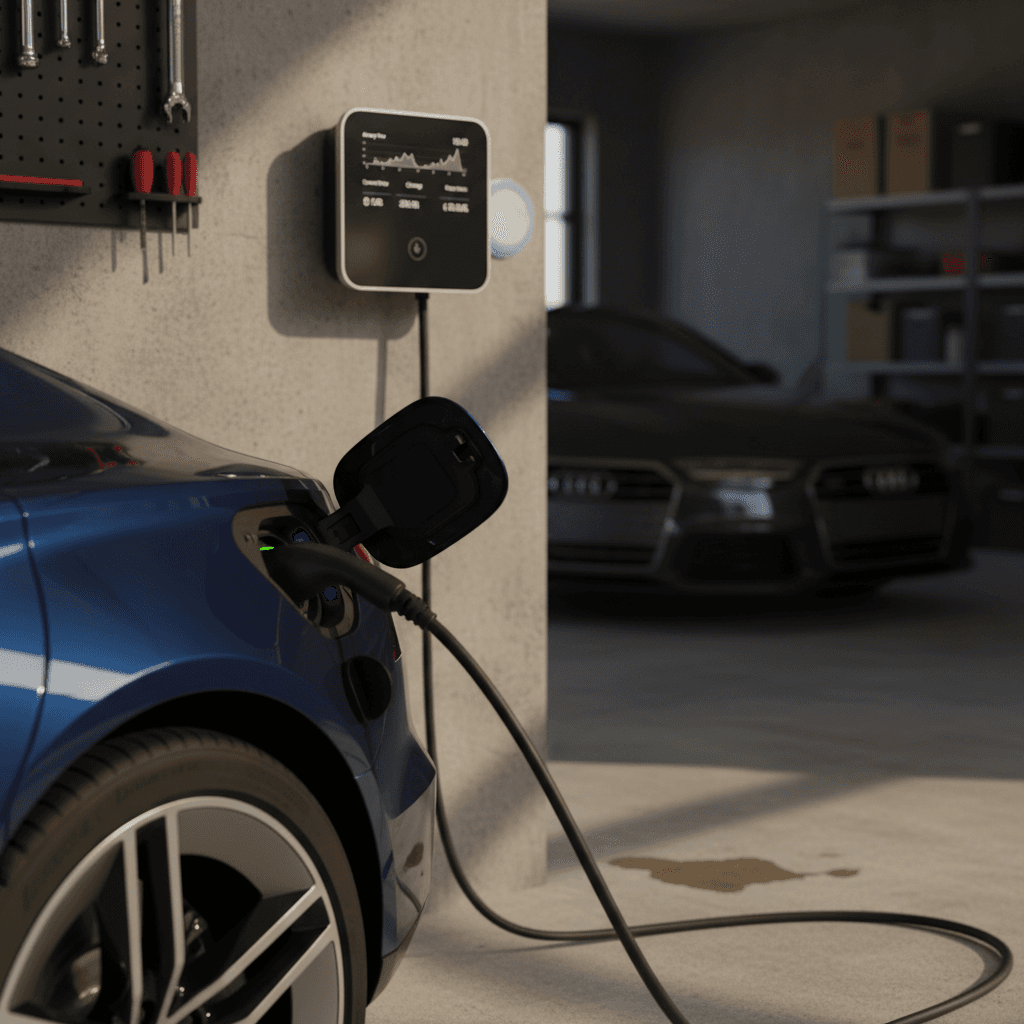 Audi e-tron GT plugged into a home wallbox charger with energy cost graphics overlaid on the scene