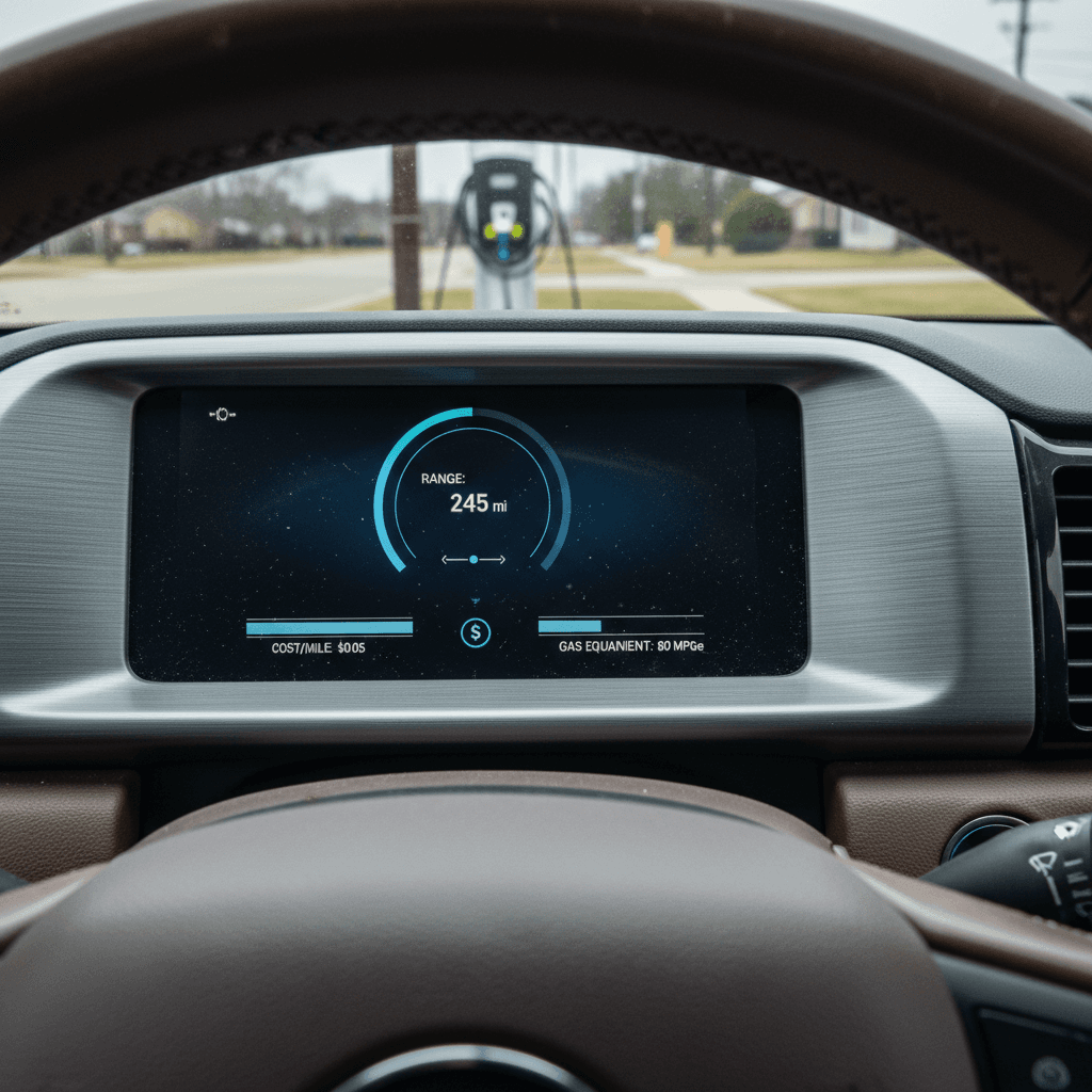 Close-up of an EV dashboard showing charging status and energy usage, illustrating electricity cost of an electric car.