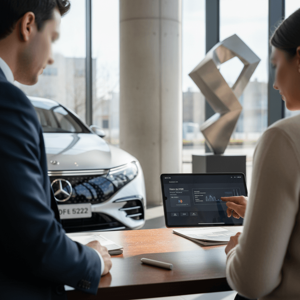 Owner and sales consultant reviewing a Mercedes EQS trade-in offer on a tablet in a modern EV showroom