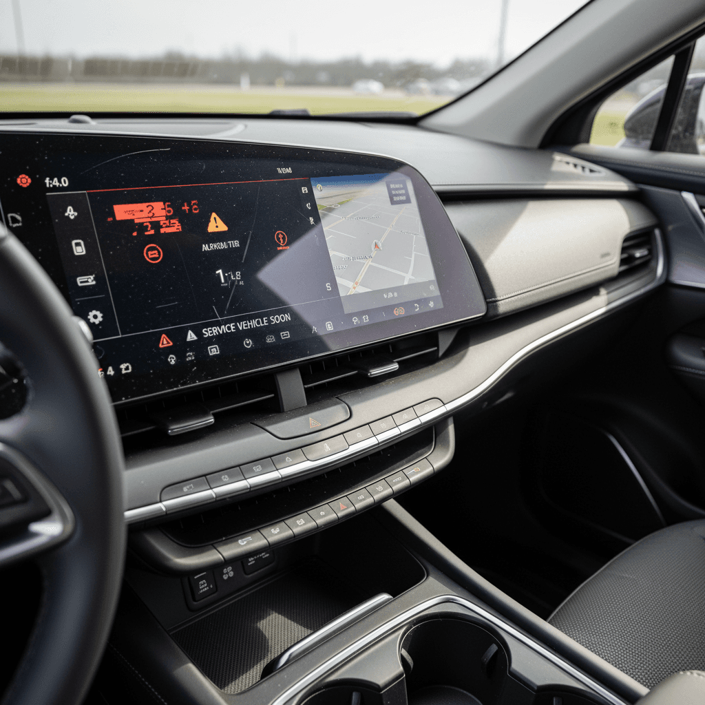 Cadillac Lyriq digital dashboard and center touchscreen showing multiple warning messages