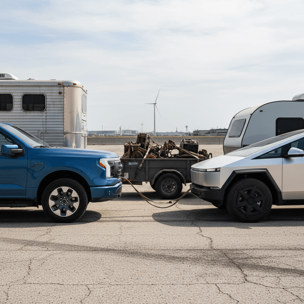 Modern electric pickup trucks lined up with different trailers at a test facility