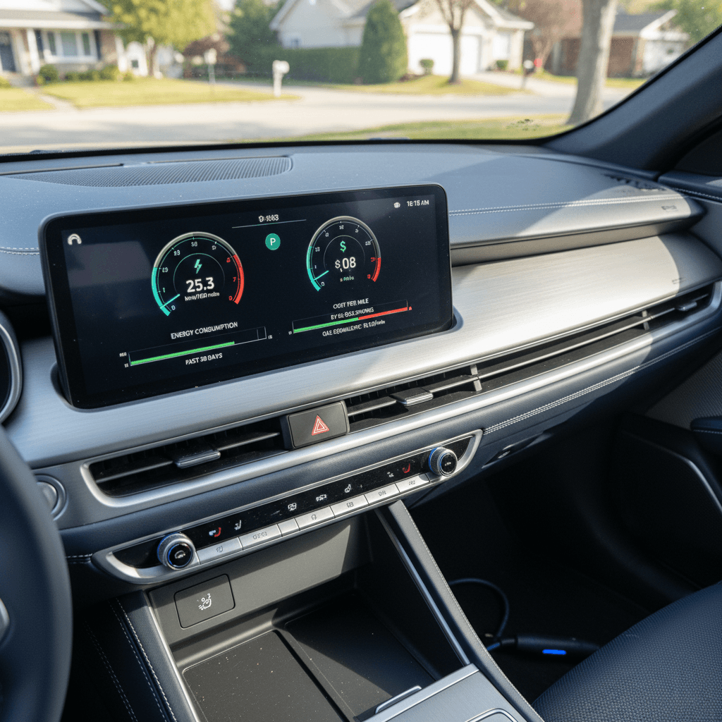 Genesis GV60 digital cluster showing energy consumption, range, and cost per mile, emphasizing efficiency over time