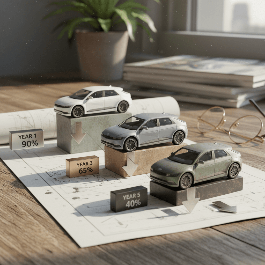 Illustrated EVs stepping down in value to visualize Hyundai Ioniq 5 depreciation over time