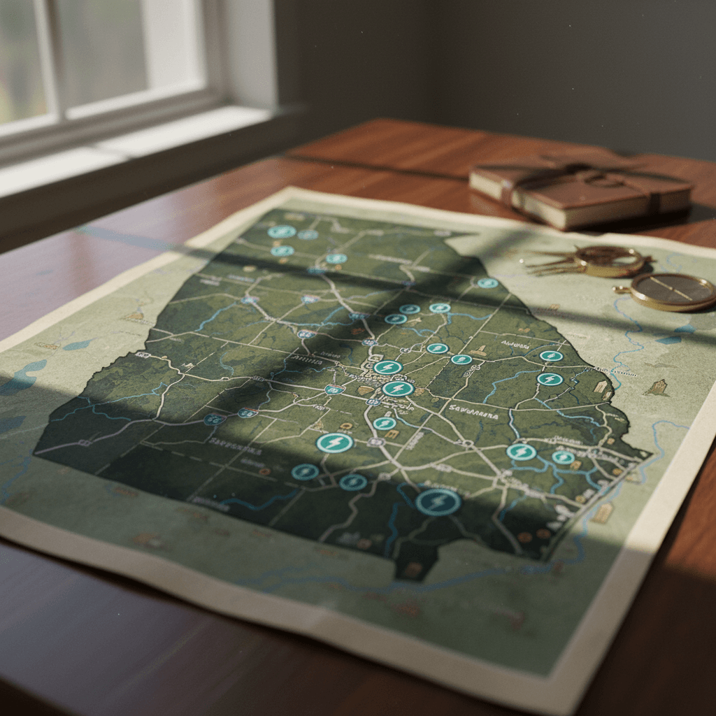 Illustrated map of Georgia highlighting major cities, interstates, and clusters of EV charging stations along routes like I-75 and I-85.