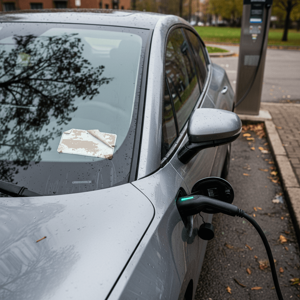 Used electric hatchback plugged into a Level 2 charger with price sticker on windshield