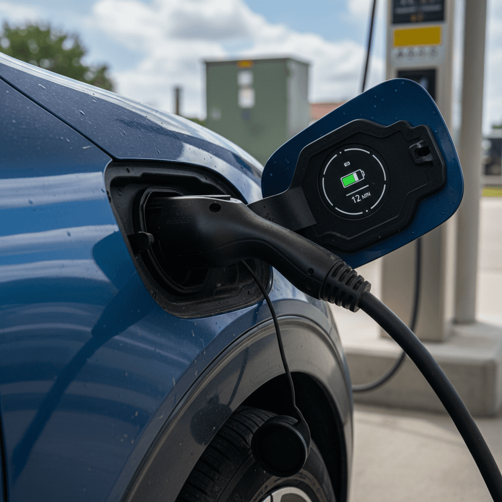 A 2024 Kia EV6 plugged into a DC fast charger, showing charging status on the car’s display