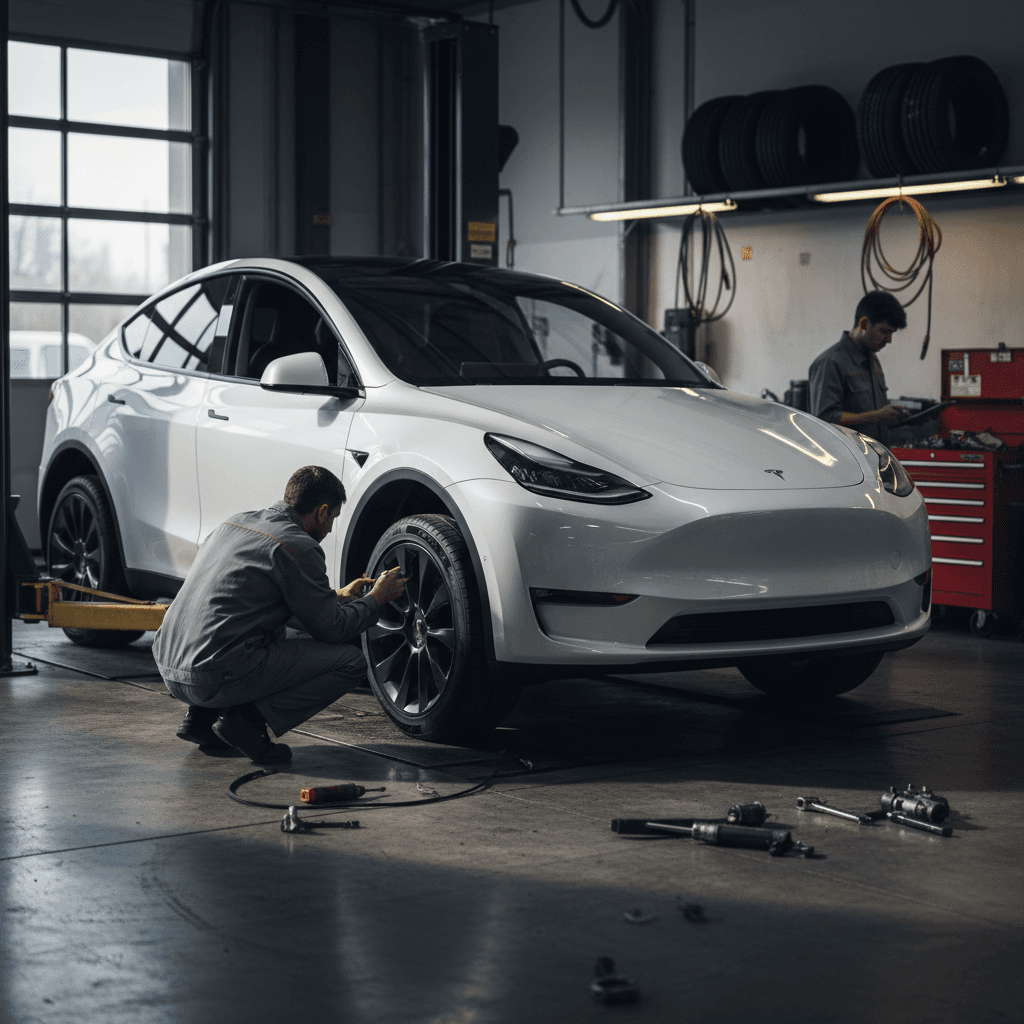Technician inspecting a used Tesla Model Y on a lift in a service bay
