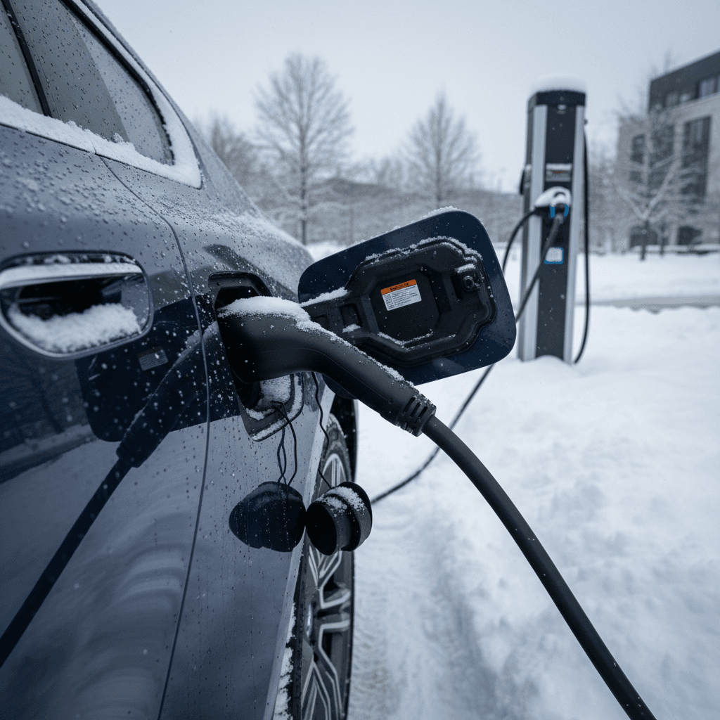 BMW i7 charging at a DC fast charger in winter with snow on the ground