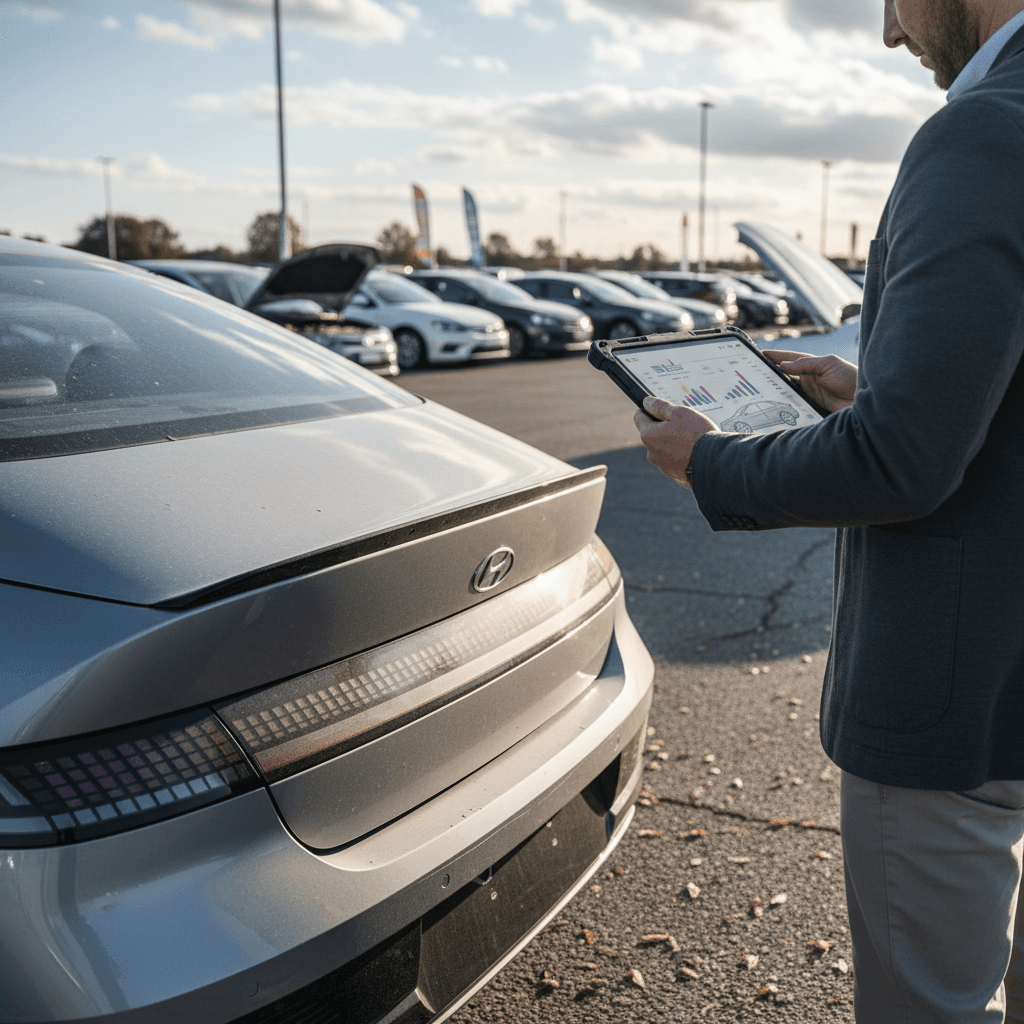 Sales advisor using a tablet to appraise a 2024 Hyundai Ioniq 6 trade-in at a dealership lot