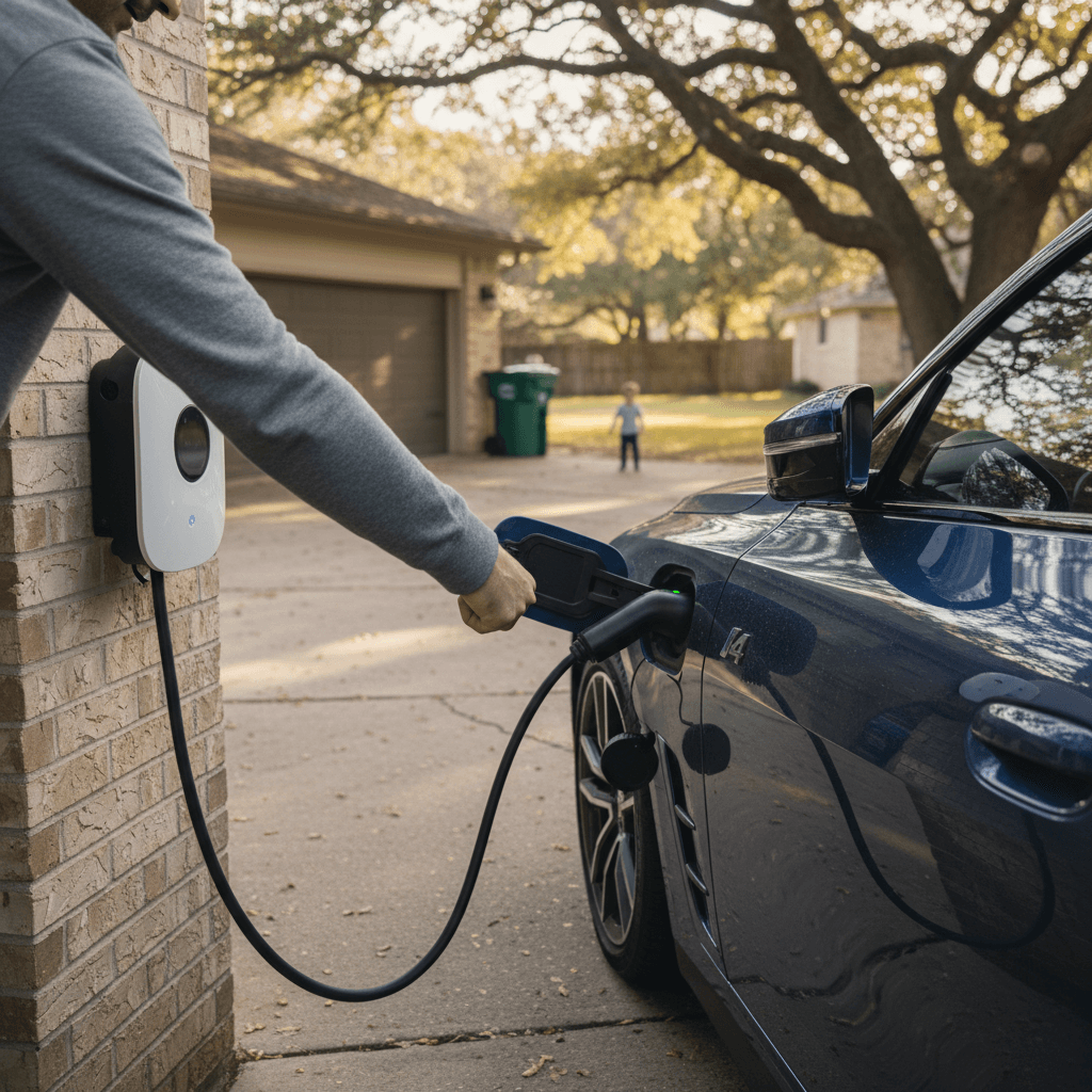 Driver plugging a 2022 BMW i4 into a Level 2 home charging station in a suburban driveway