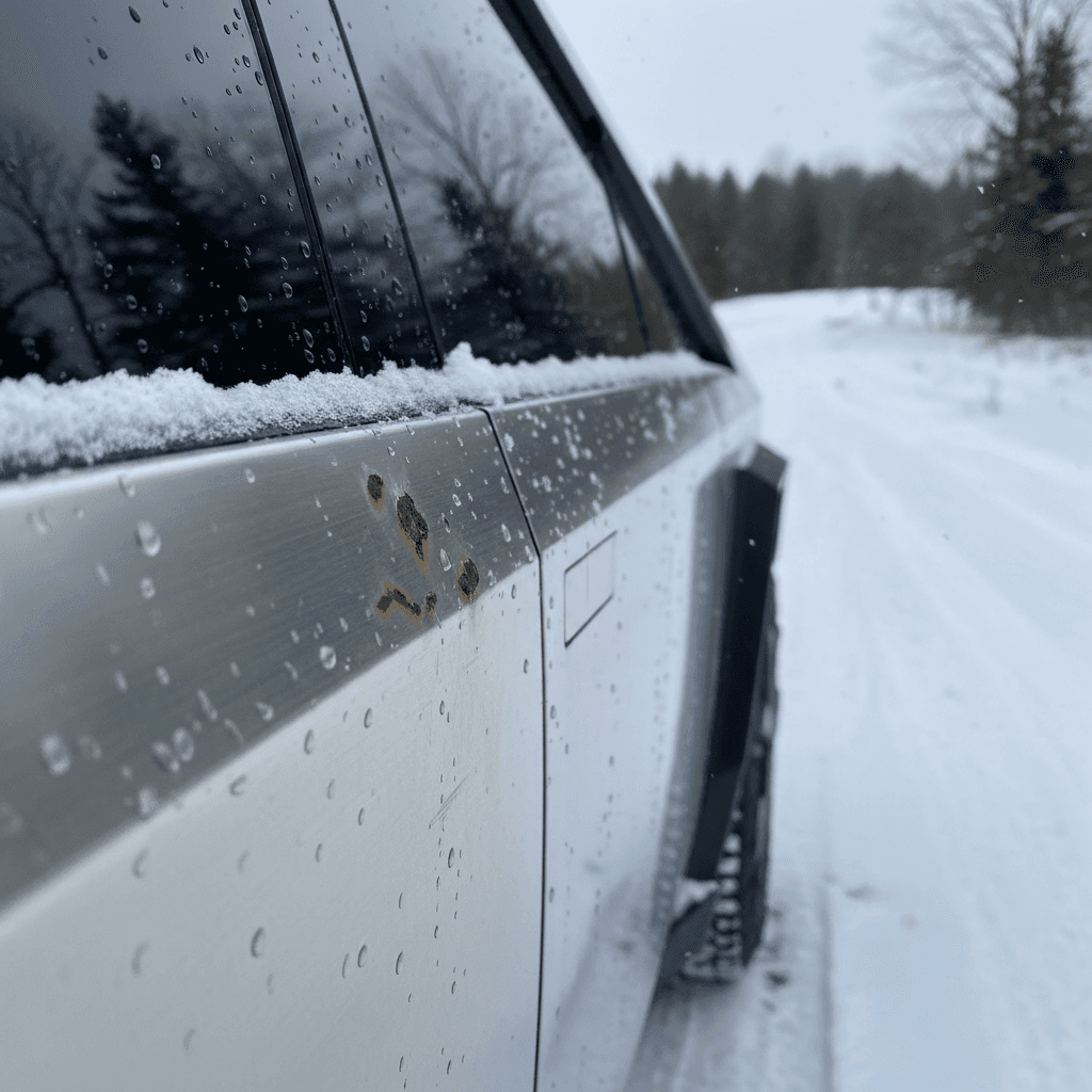 Close-up of Tesla Cybertruck stainless body panel with panel gap and light corrosion near wheel arch in snowy driveway