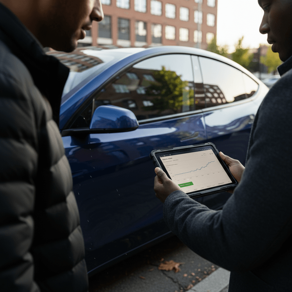Salesperson and owner reviewing a Tesla Model Y trade-in offer on a tablet at a used EV dealer