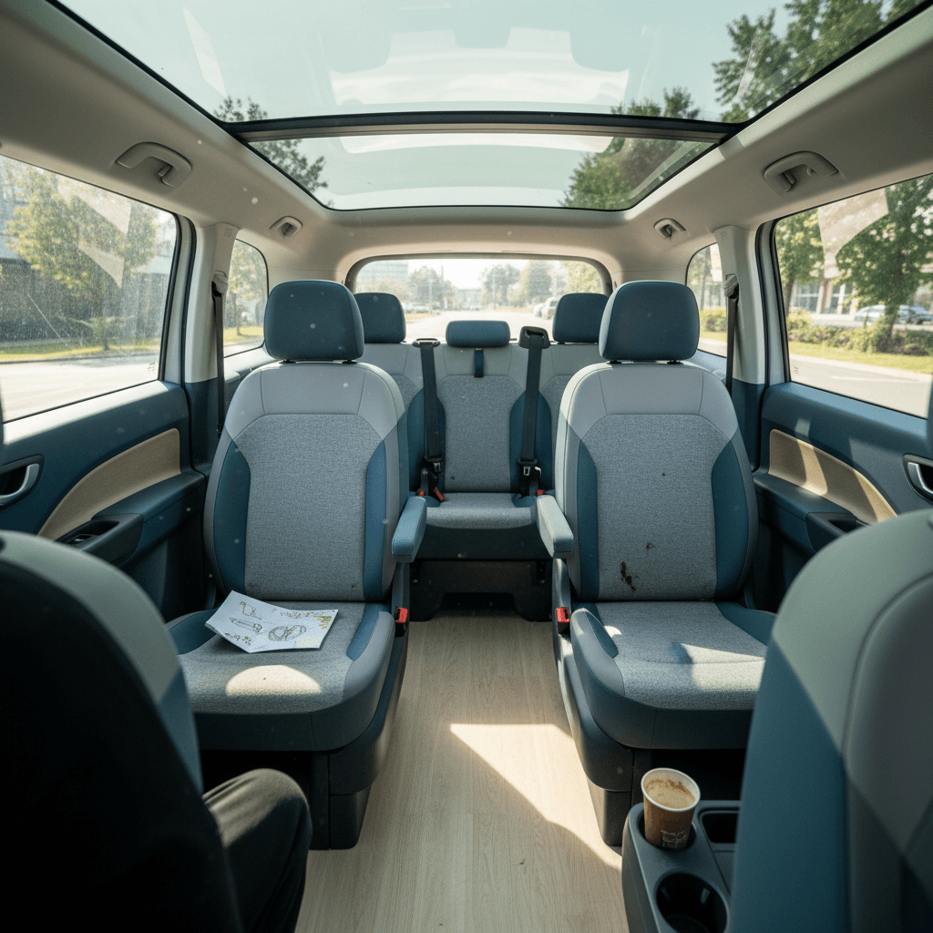 Three-row interior of a Volkswagen ID. Buzz with flat floor and flexible seating, highlighting family-friendly space