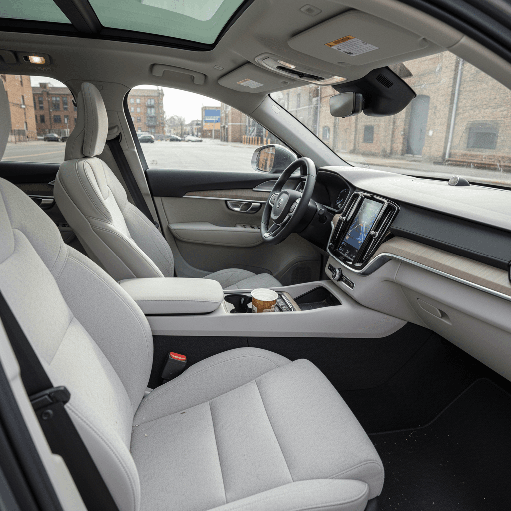 Spacious interior of a Volvo EX90 with three rows of seats and a minimalist dashboard