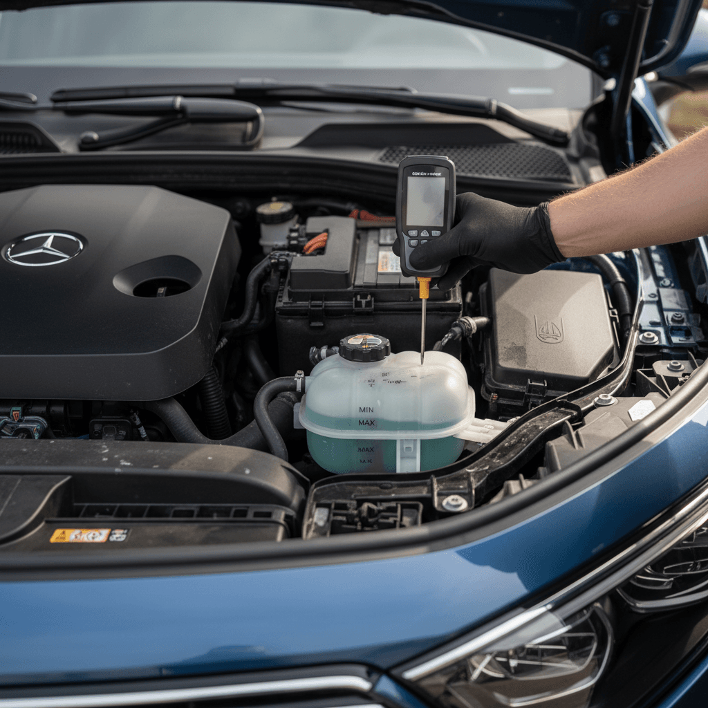 Technician examining the coolant reservoir and lines under the hood of a Mercedes EQB electric SUV