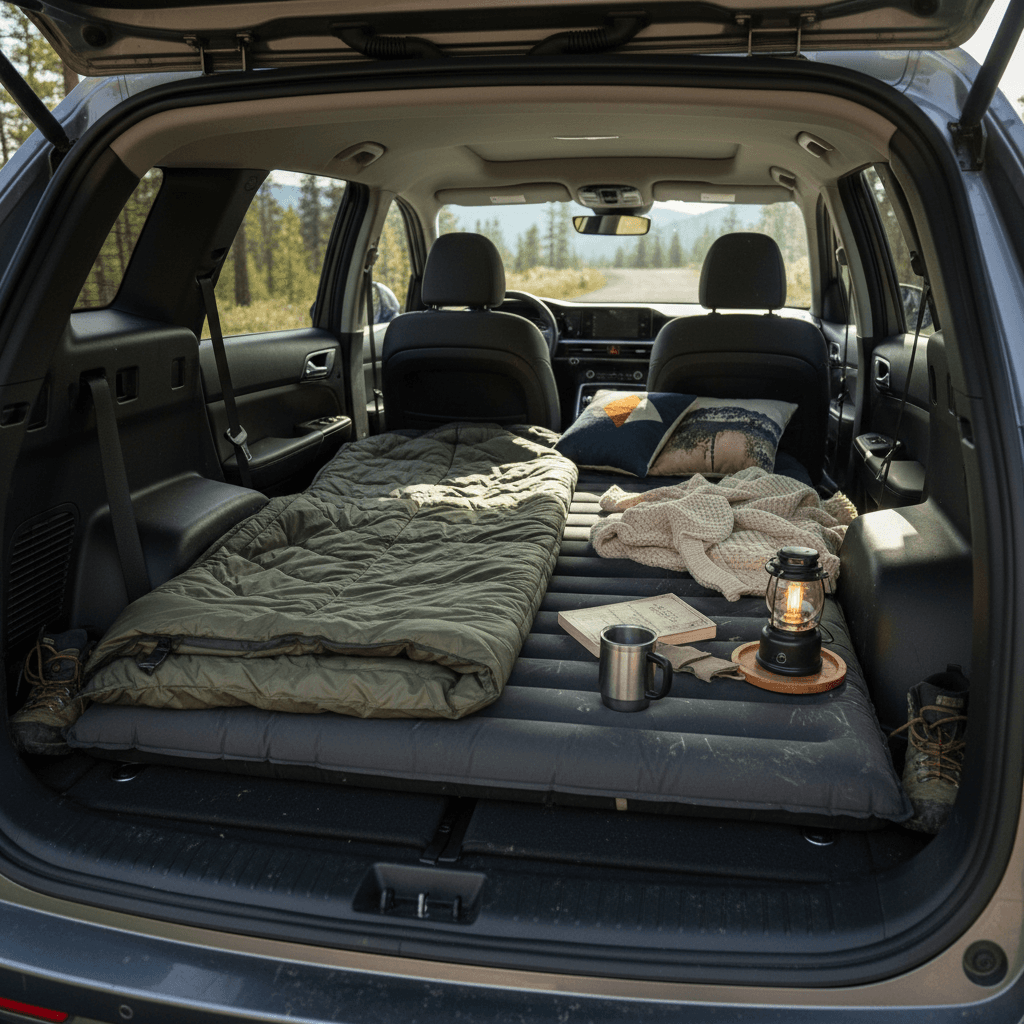 Kia EV9 interior with second and third-row seats folded flat and a camping mattress laid out to show available sleeping space