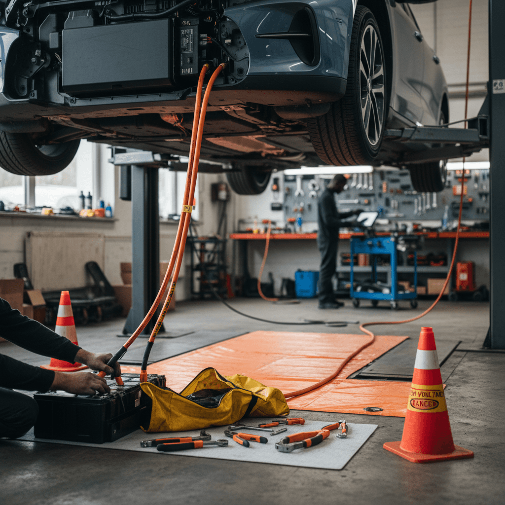 Independent mechanic using insulated tools to inspect the underside of an electric vehicle on a lift
