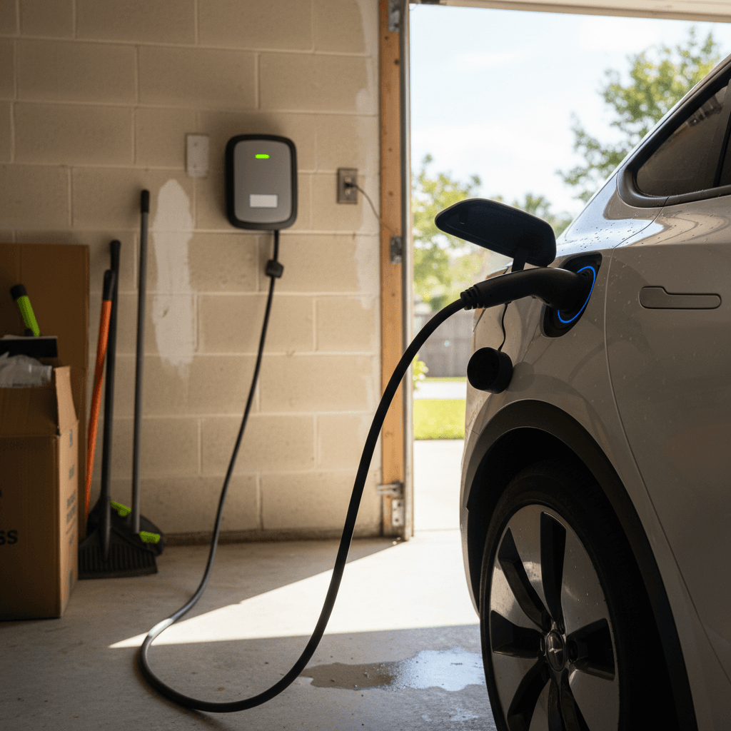 Electric vehicle in a Florida home garage plugged into a wall-mounted Level 2 charger