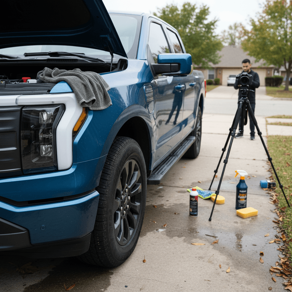 Owner detailing and photographing a 2023 Ford F-150 Lightning before listing it for sale