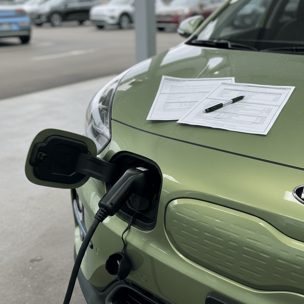 Kia Niro EV plugged in at home charger while owner reviews battery health and trade-in value paperwork
