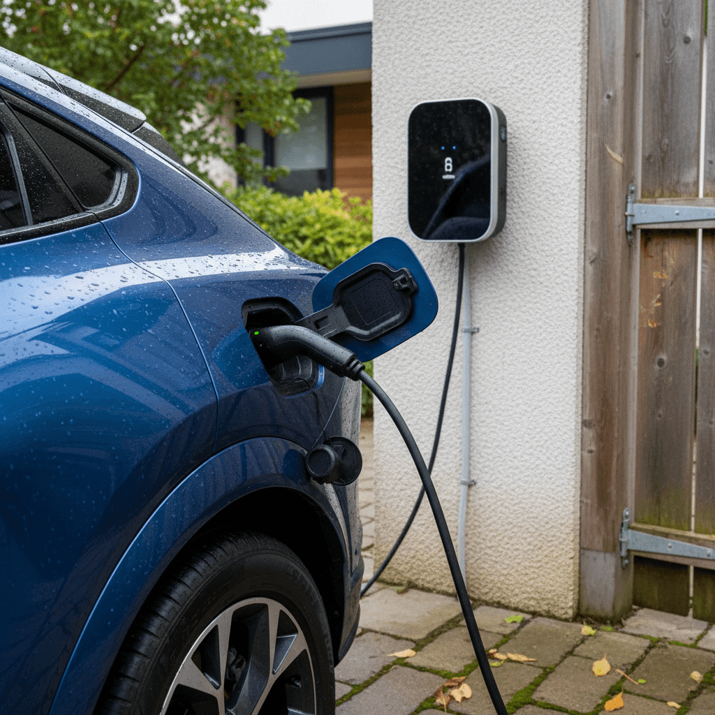 2024 Ford Mustang Mach-E plugged into a home Level 2 charger, highlighting the charge port and bodywork