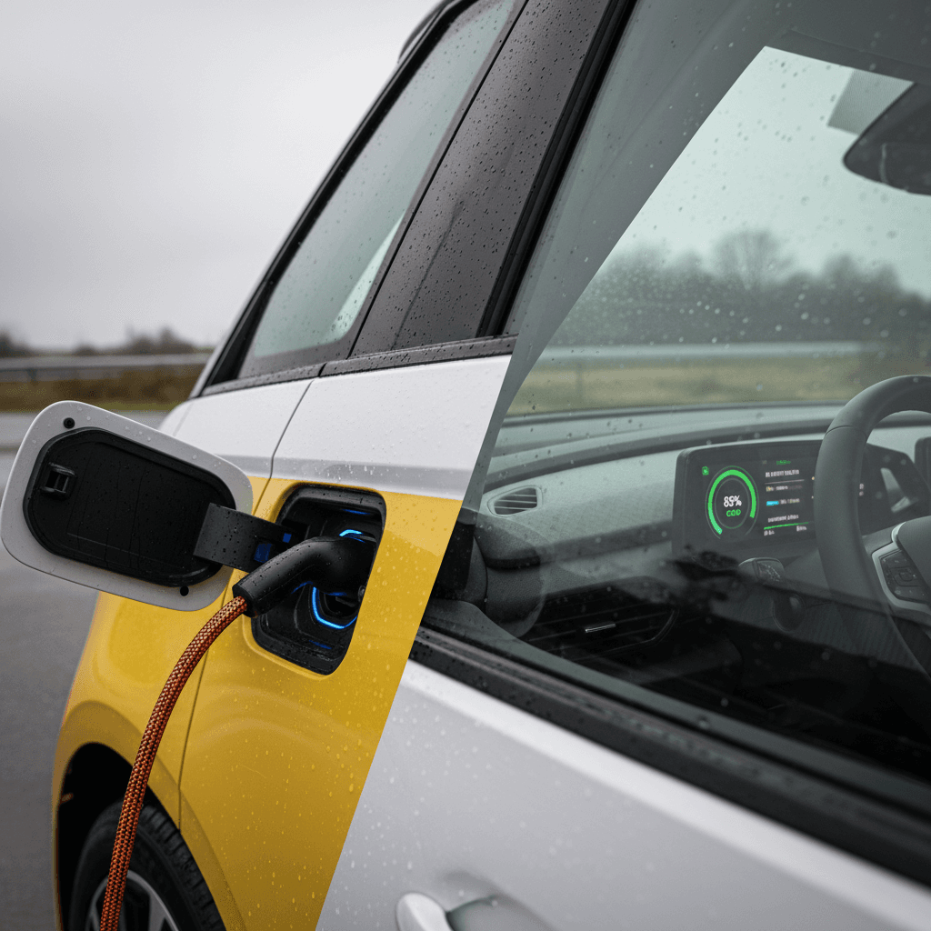 Close-up of a Volkswagen ID. Buzz charging port and in‑car display showing state of charge and estimated range