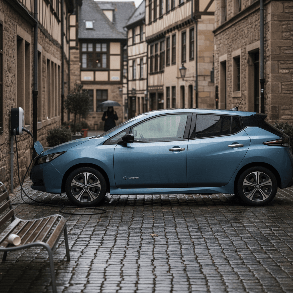 White Nissan Leaf hatchback parked at an EV charger in an urban setting