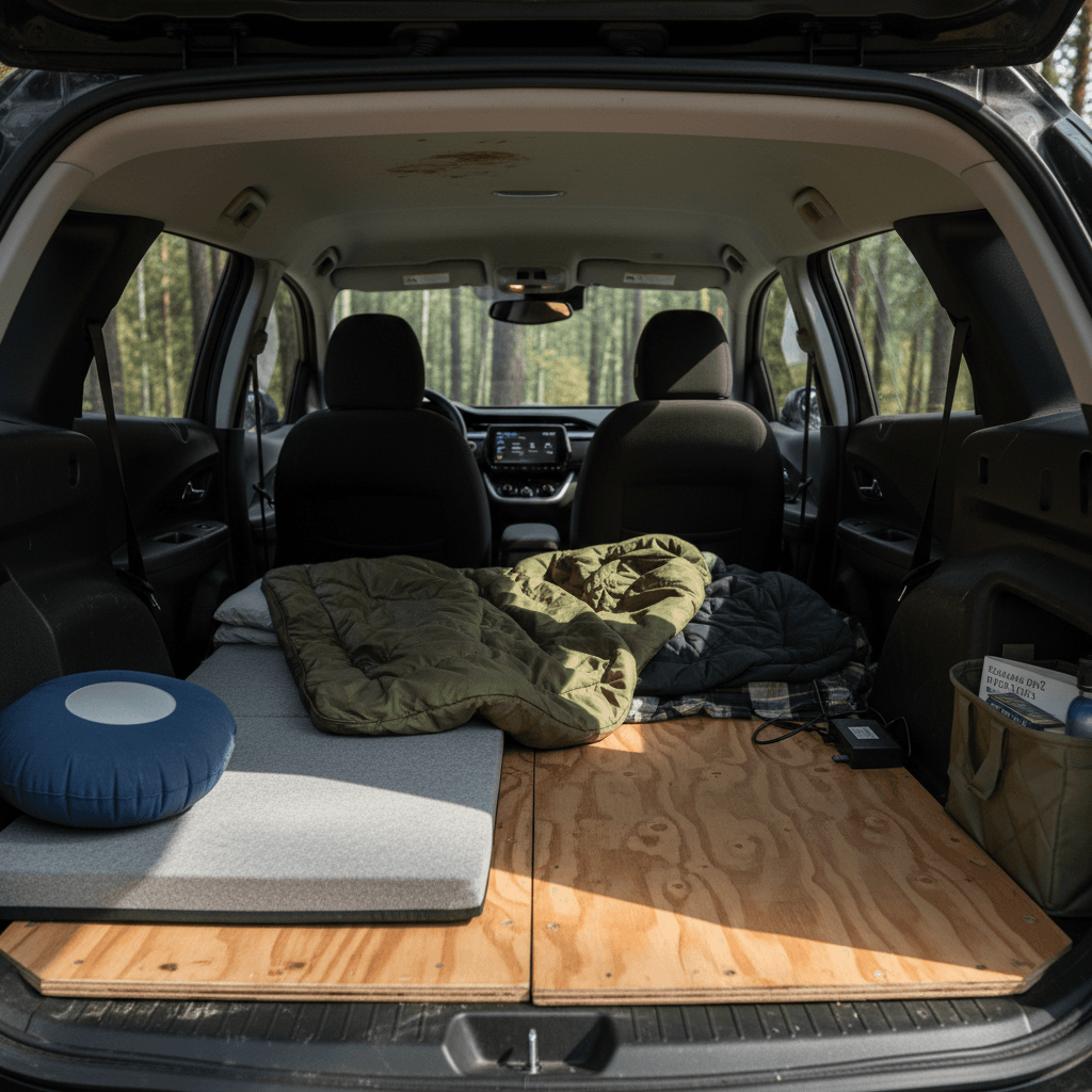 Rear seats of a Chevrolet Bolt EUV folded down with a simple mattress and gear organized underneath.
