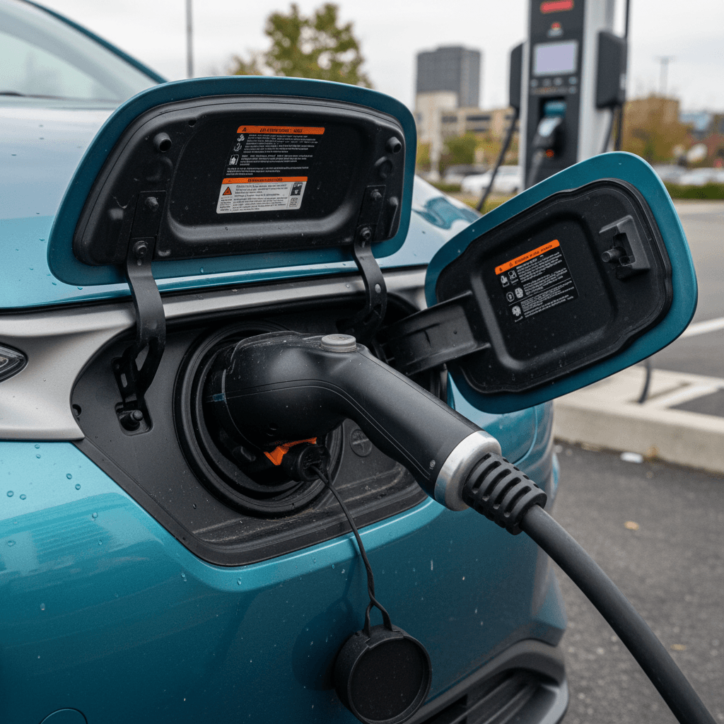 Close‑up of a Hyundai Kona Electric plugged into a public charging station, showing the front charging port and CCS connector.