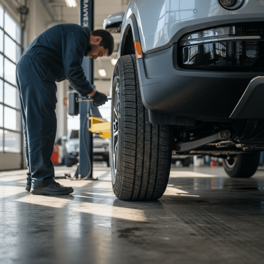Technician inspecting wheels, tires and suspension components on a Rivian R1S in a well-lit service bay