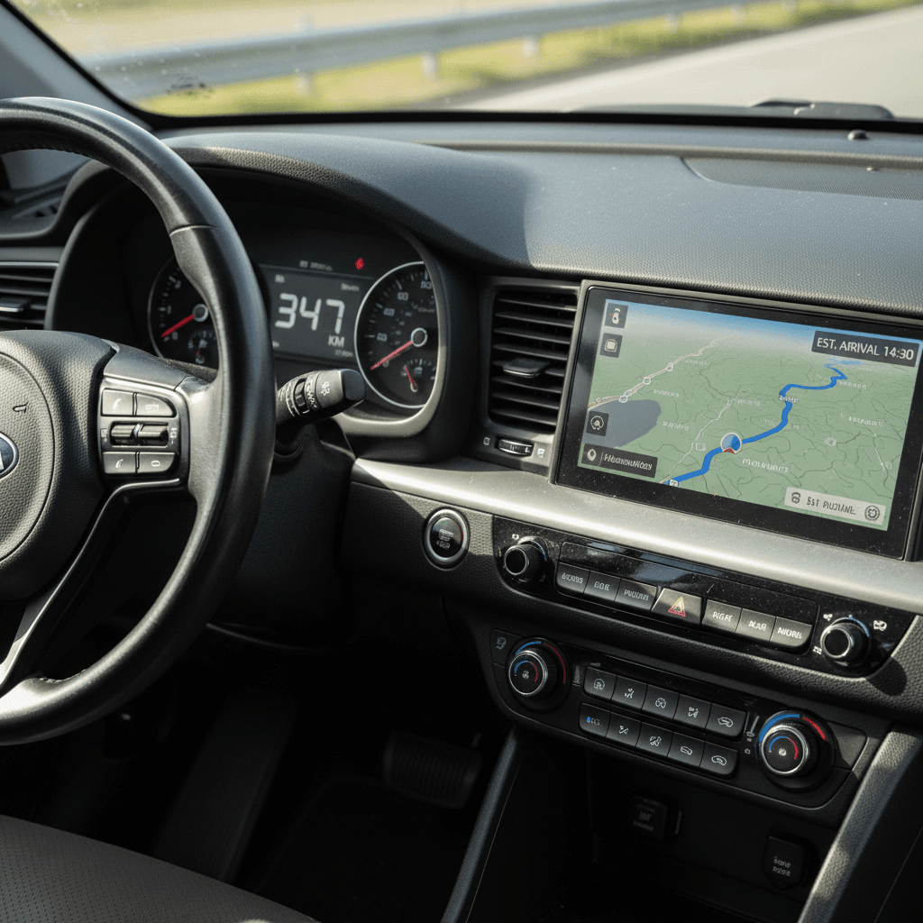 Driver’s view of the Kia Niro EV cockpit showing digital instrument cluster with remaining range and central touchscreen navigation.