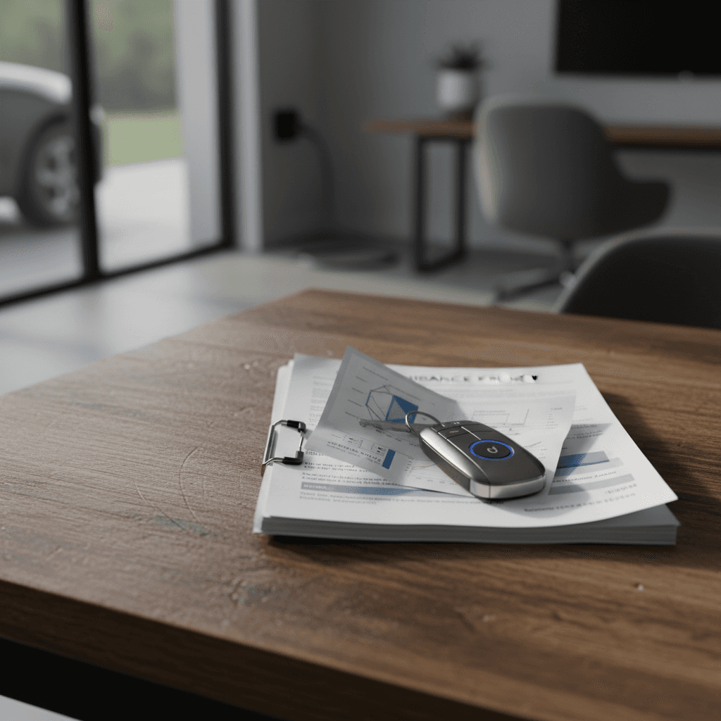 Insurance policy forms, car keys, and a calculator on a desk, symbolizing Genesis GV60 monthly insurance costs