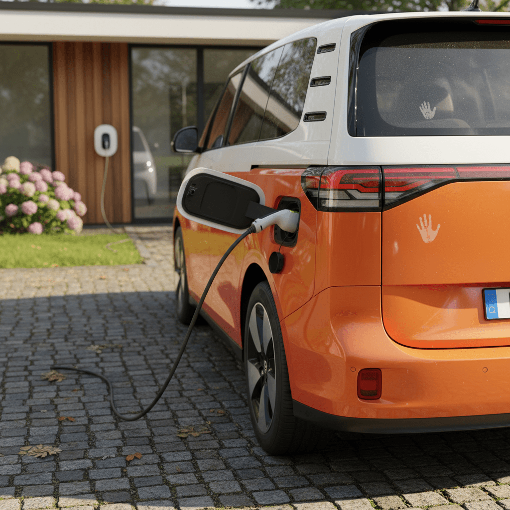 2025 Volkswagen ID. Buzz backed into a residential driveway charging from a home wallbox