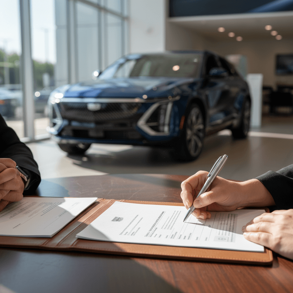 Customer reviewing financing options for a used Cadillac Lyriq while signing auto loan paperwork