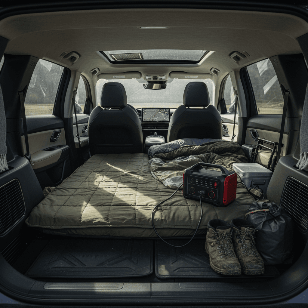 Hyundai Ioniq 5 interior with rear seats folded and camping gear loaded for a weekend trip