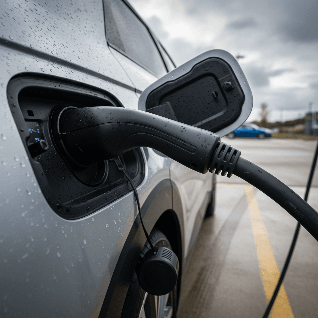 Hyundai IONIQ 5 parked at a DC fast charger with the charging cable plugged in