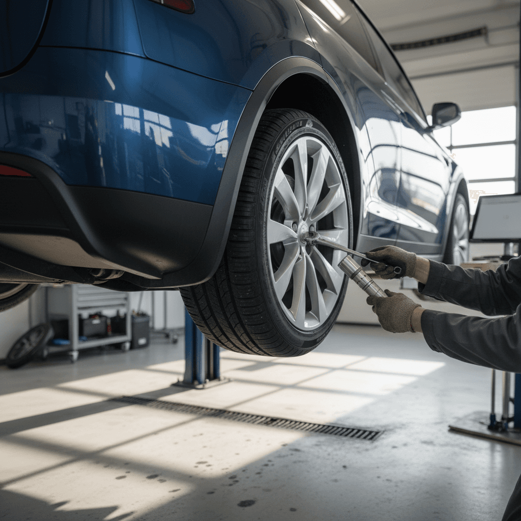 Tesla Model X raised on a lift while a technician inspects its suspension and tires