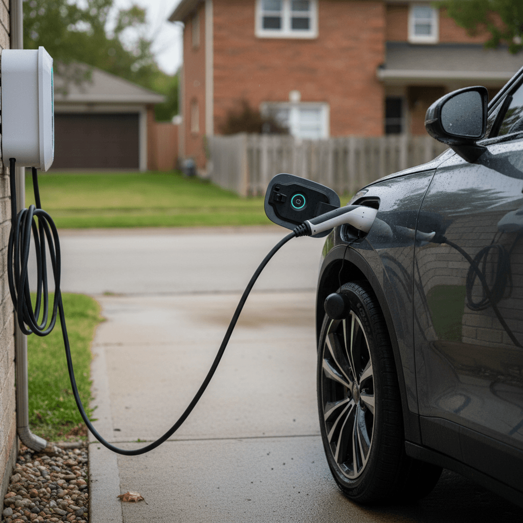 Polestar 2 charging at a home Level 2 charger in a suburban driveway