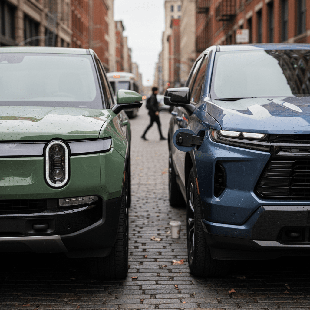 Rivian R1T and Chevy Silverado EV parked side by side in a city environment, highlighting size and design differences
